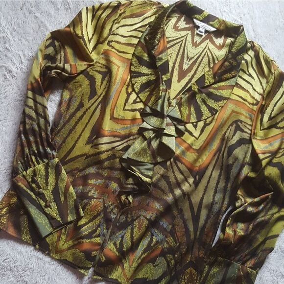 ST. JOHN Vintage Top Long Sleeve Silk Ruffle Button Down Retro Y2k Womens 10 - Picture 1 of 8